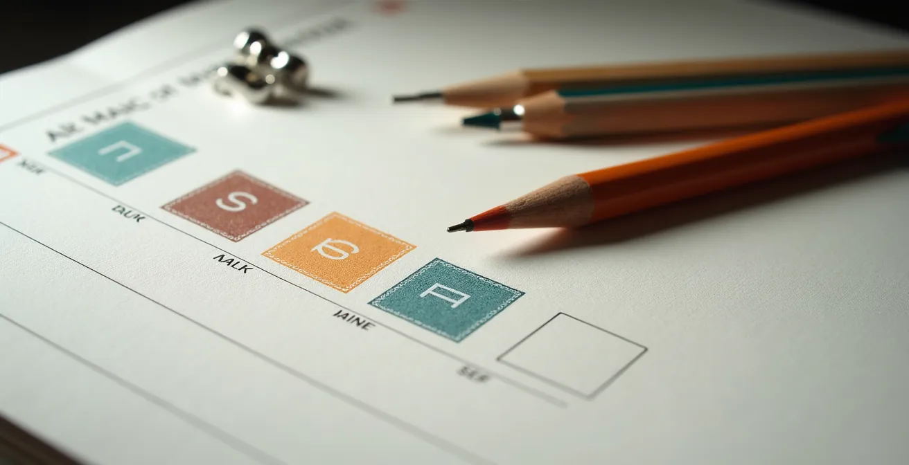 Vue macro d'un agenda papier suisse avec bloc de temps créatif marqué et matériel artistique