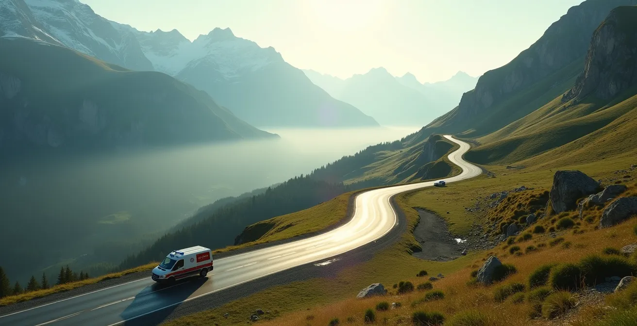 Vue aérienne d'une ambulance sur route de montagne alpine en Suisse