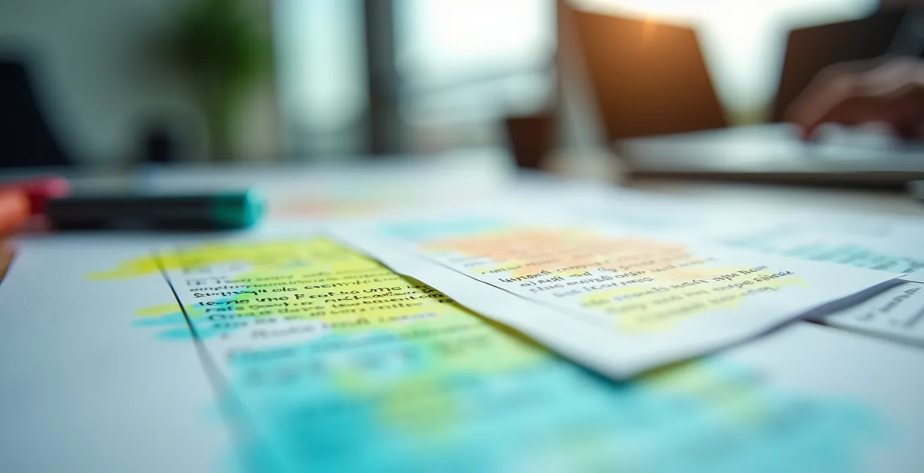 Vue macro d'un document avec des surligneurs de couleur mettant en évidence différentes sections