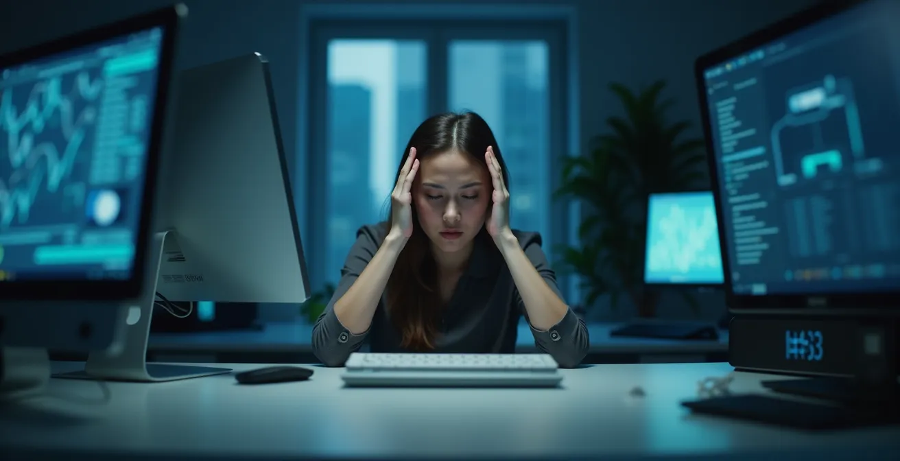 Personne stressée entourée de multiples écrans de données de santé floues