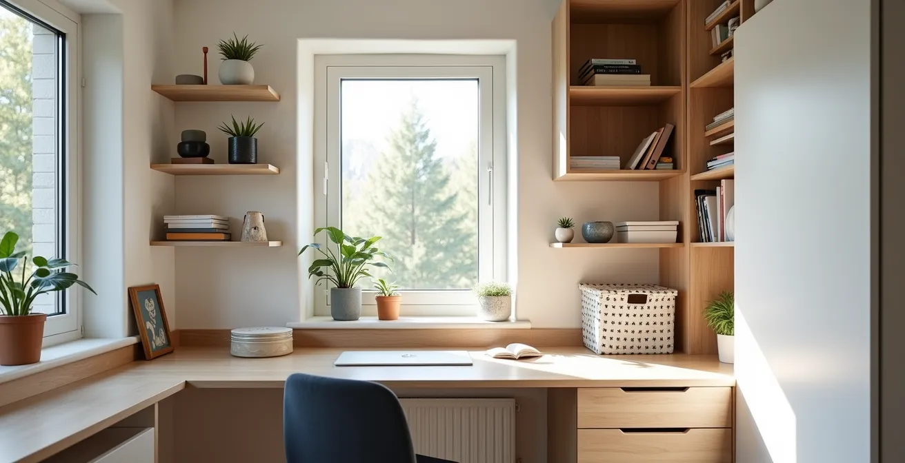 Petit espace créatif optimisé dans un coin d'appartement suisse avec rangements modulaires