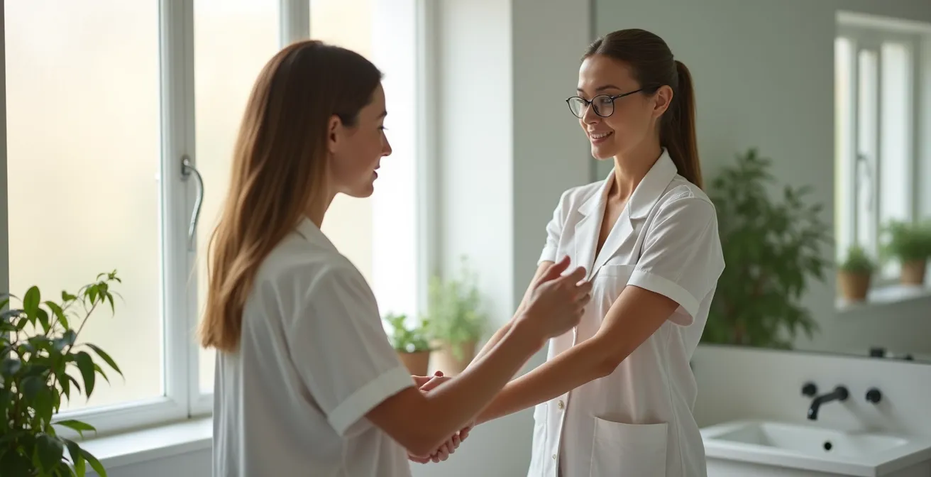 Une personne examine attentivement la peau de son bras dans une salle de bain lumineuse, illustrant l'auto-dépistage du mélanome.