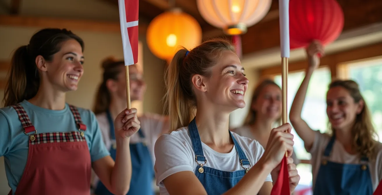 Groupe de bénévoles préparant ensemble une fête de village suisse