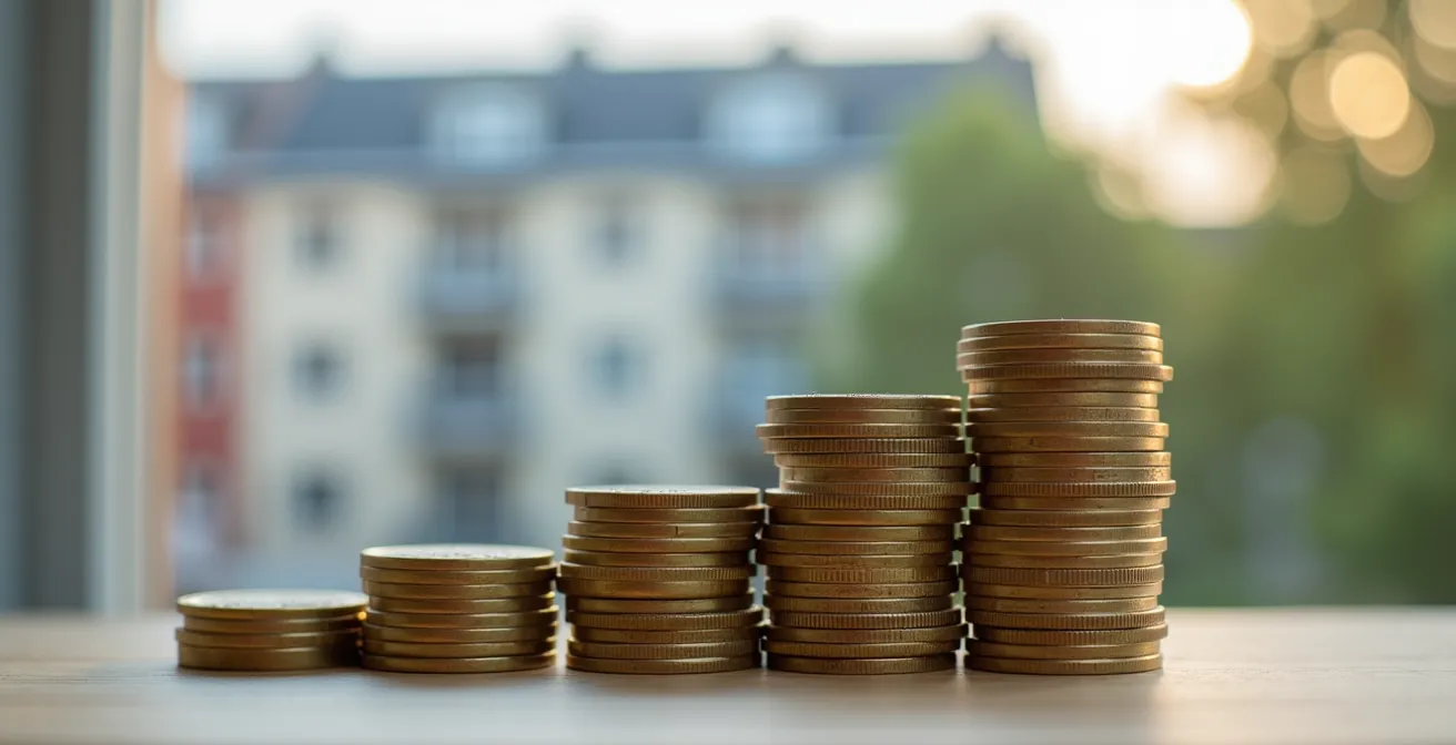 Gros plan sur des pièces de francs suisses empilées avec arrière-plan flou d'une façade isolée