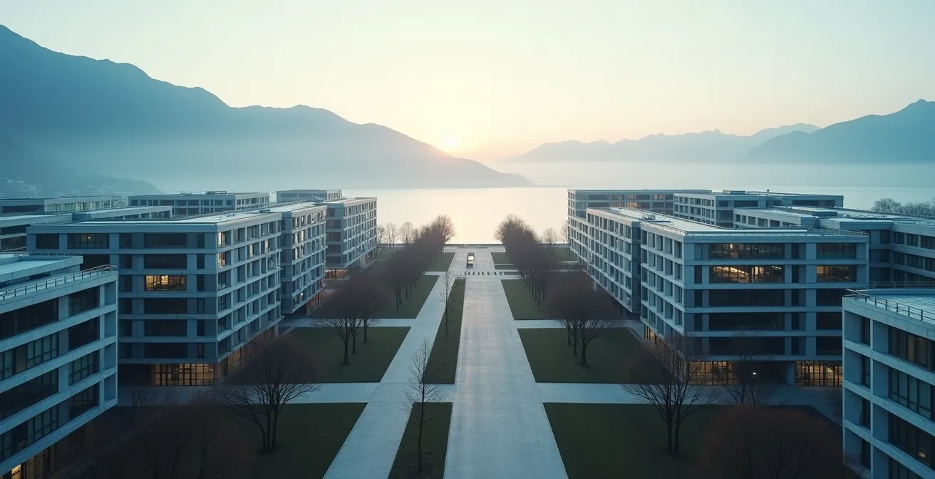 Vue aérienne du campus EPFL avec l'Innovation Park et le lac Léman en arrière-plan