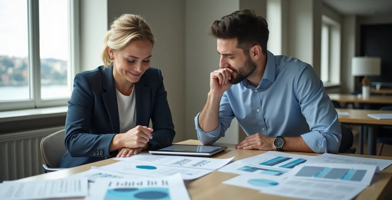 Professionnel consultant plusieurs sources d'information dans un bureau moderne avec une vue sur le lac Léman