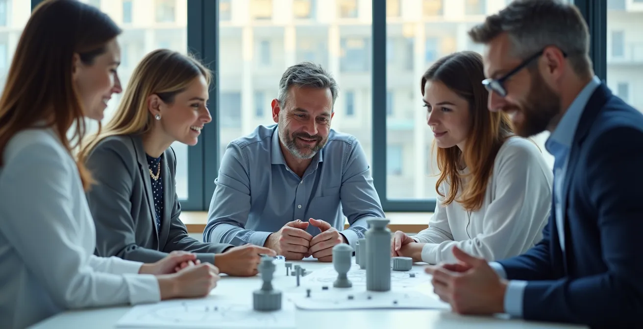 Chercheurs et entrepreneurs collaborant autour d'une table avec maquettes et prototypes dans un laboratoire moderne