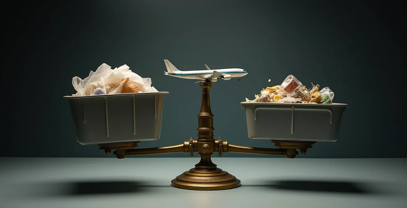 Balance déséquilibrée montrant d'un côté un avion et de l'autre des bacs de recyclage, illustrant la disproportion de l'impact carbone