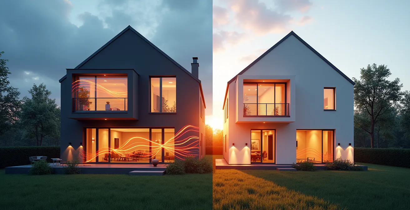 Comparaison visuelle entre une maison Minergie-P et Minergie-A avec représentation symbolique de l'autonomie énergétique