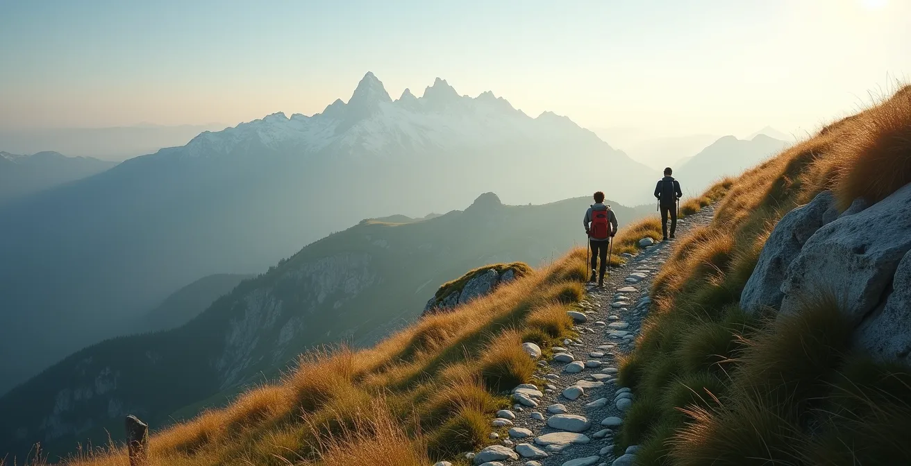 Métaphore visuelle de l'ascension progressive en montagne représentant la construction de relations professionnelles