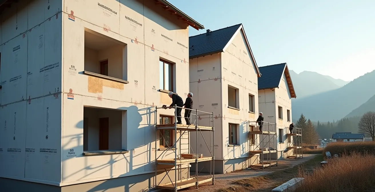 Vue d'ensemble d'un chantier suisse avec pose simultanée de fenêtres et isolation de façade