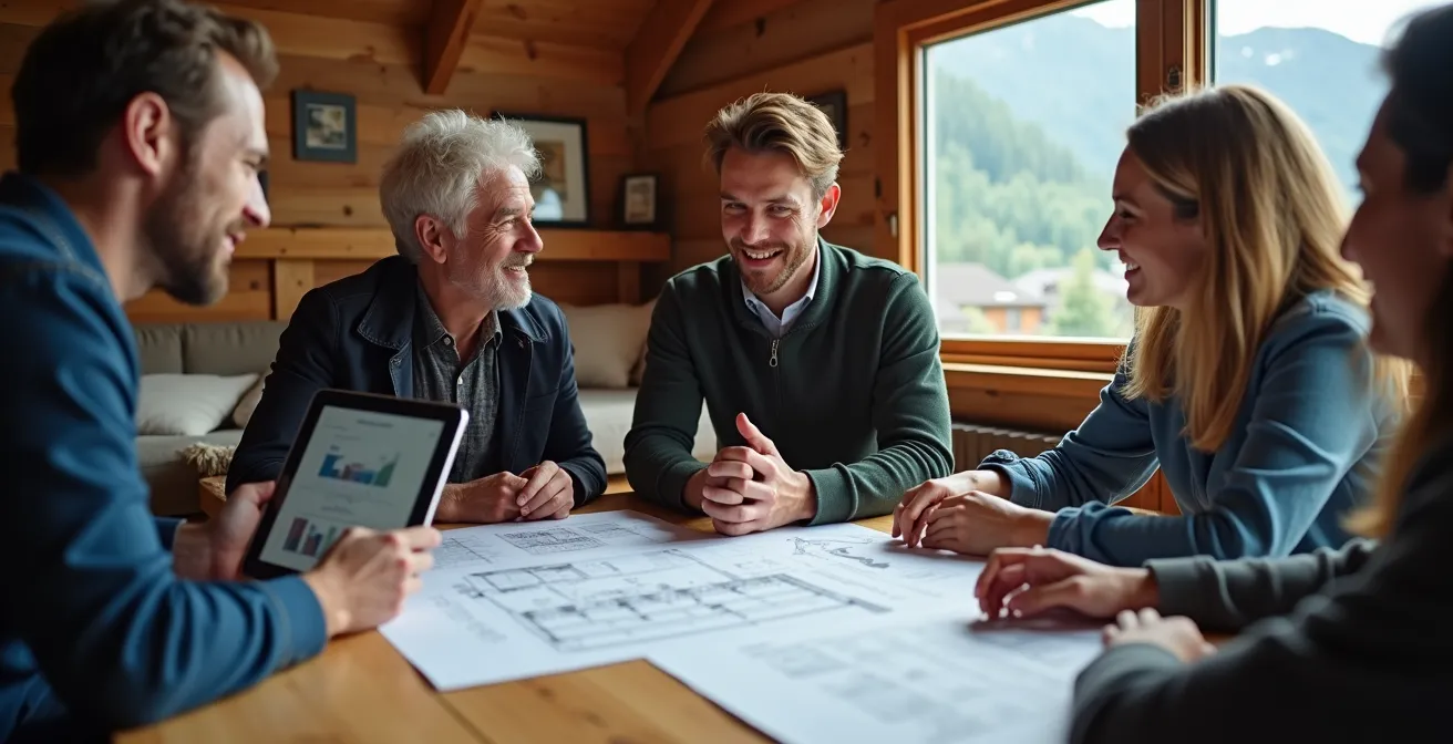 Groupe d'investisseurs examinant des plans architecturaux d'un chalet alpin avec tablette numérique montrant des graphiques