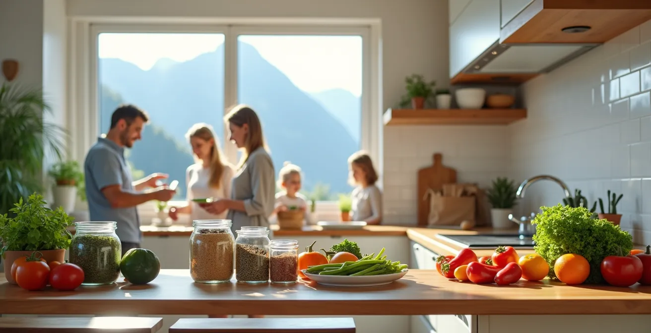 Grande cuisine familiale suisse avec parents et enfants préparant ensemble un repas économique