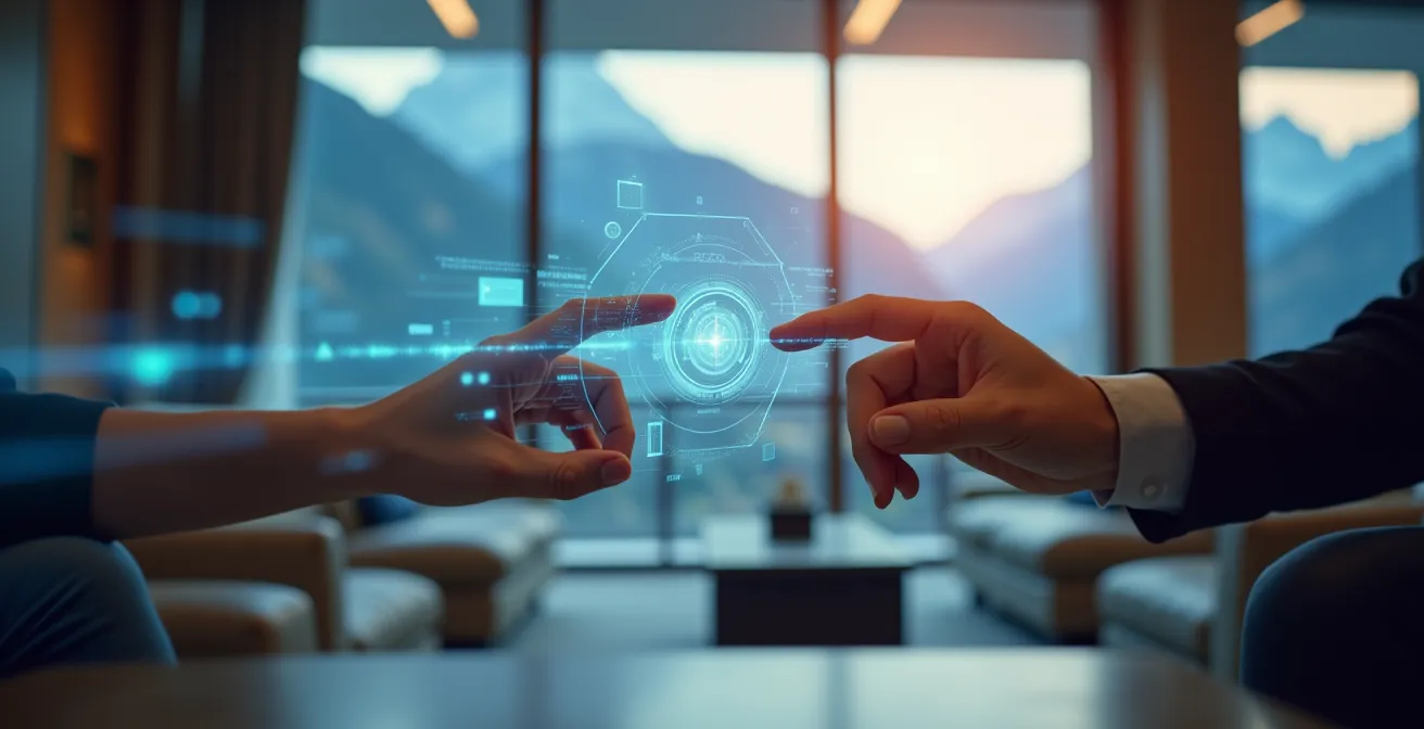 Réceptionniste d'hôtel suisse utilisant un système de gestion numérique avec vue sur les montagnes en arrière-plan