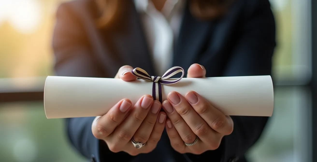 Gros plan sur mains professionnelles tenant un diplôme enroulé avec bureau flou en arrière-plan