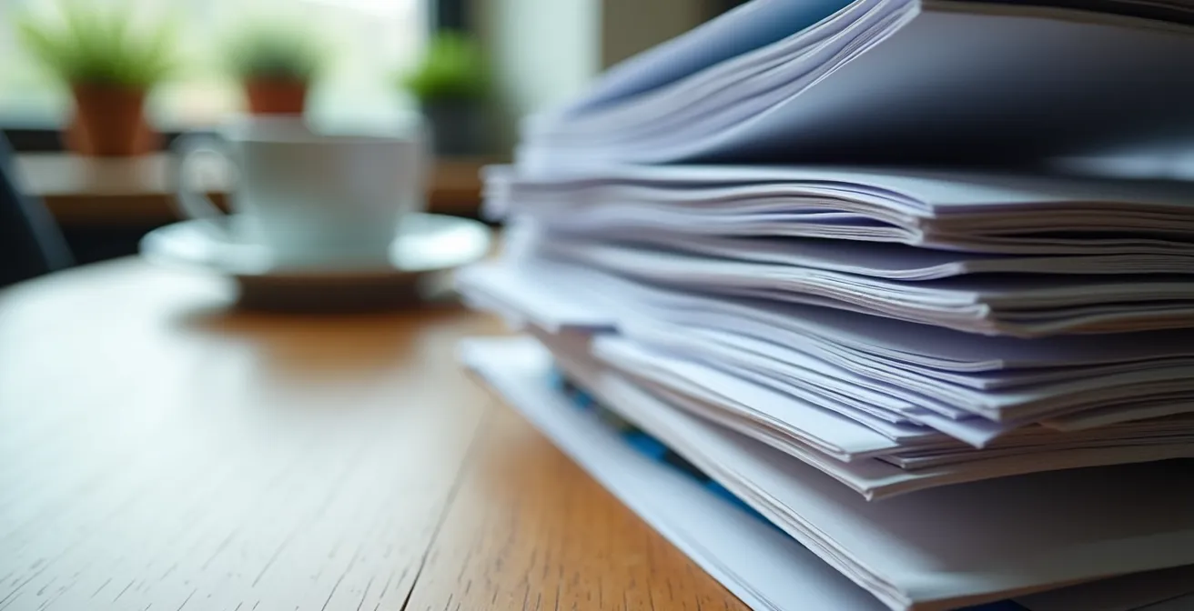 Table de travail avec documents d'assemblée de PPE étalés pour analyse