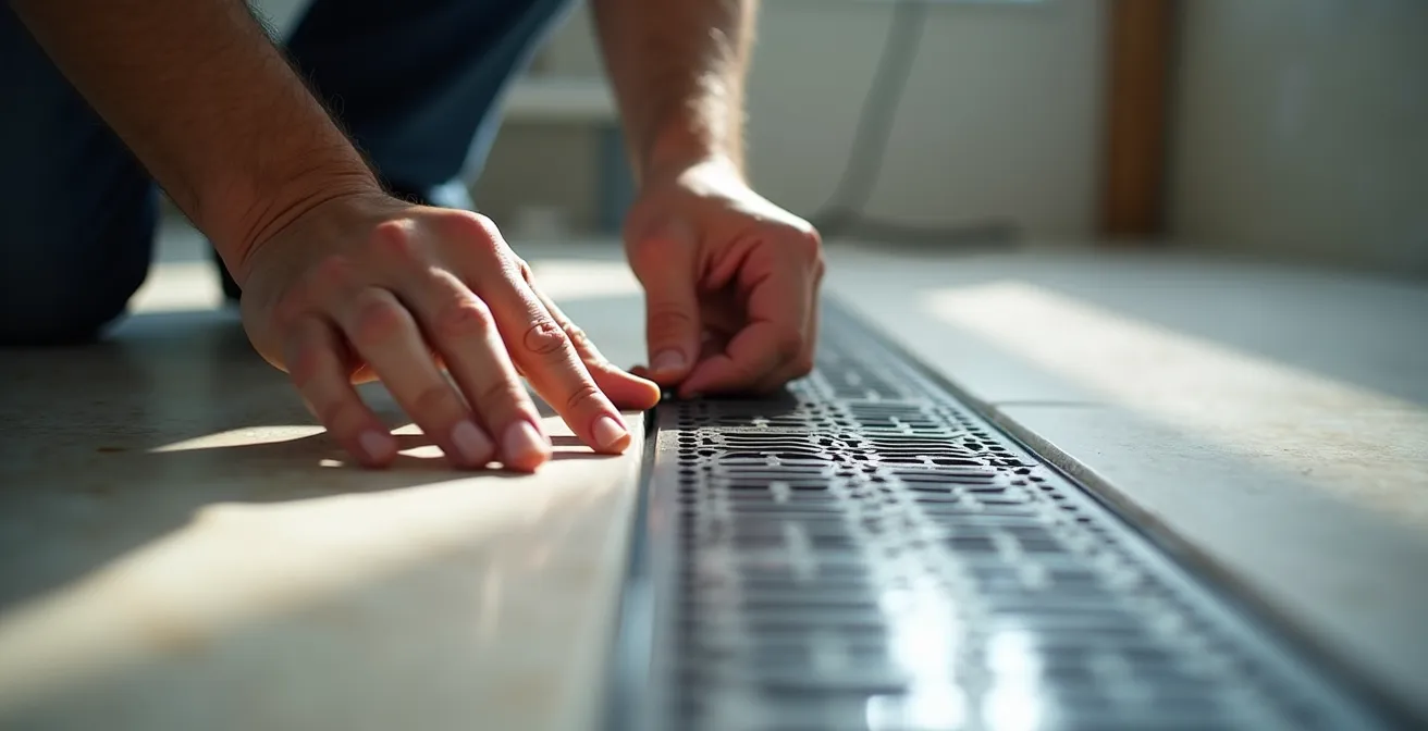 Installation d'une douche de plain-pied moderne avec canivelle design dans une salle de bain rénovée