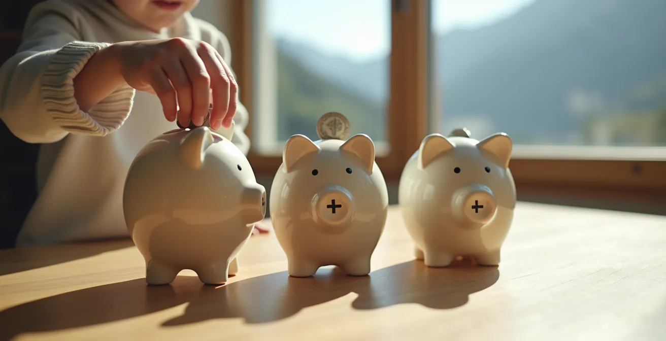 Enfant comptant ses économies avec trois tirelires sur une table en bois