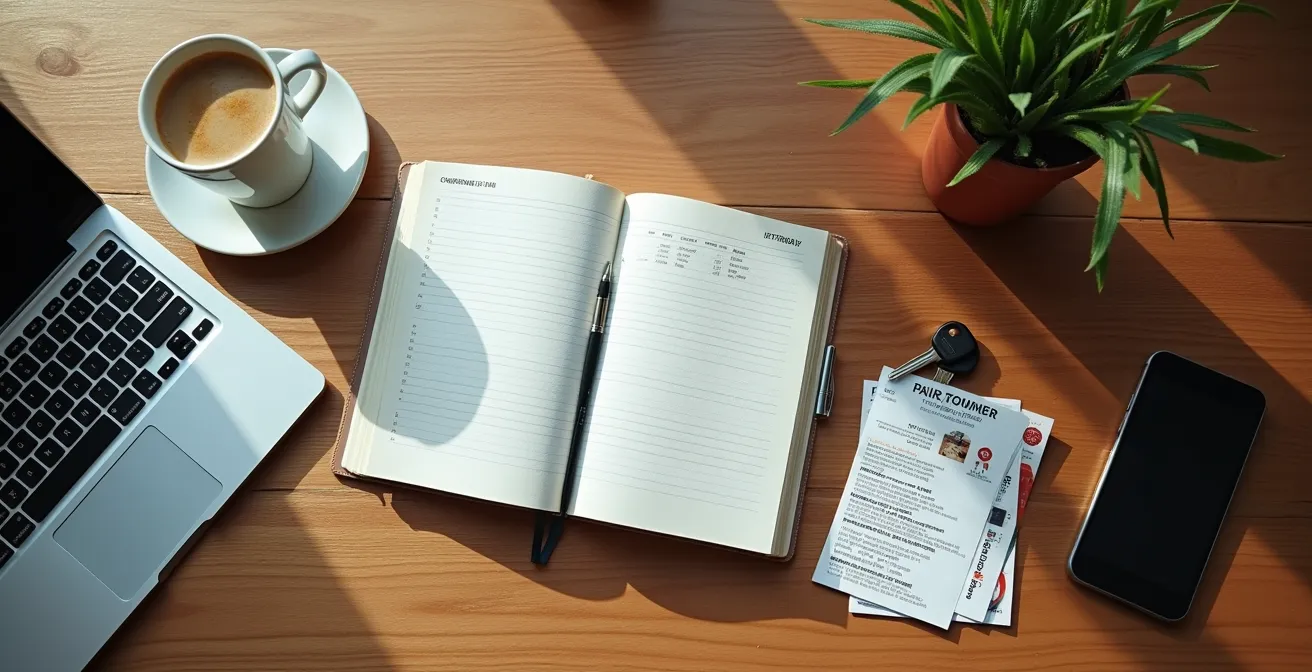 Personne organisant son agenda avec des créneaux pour appels vidéo et sorties locales