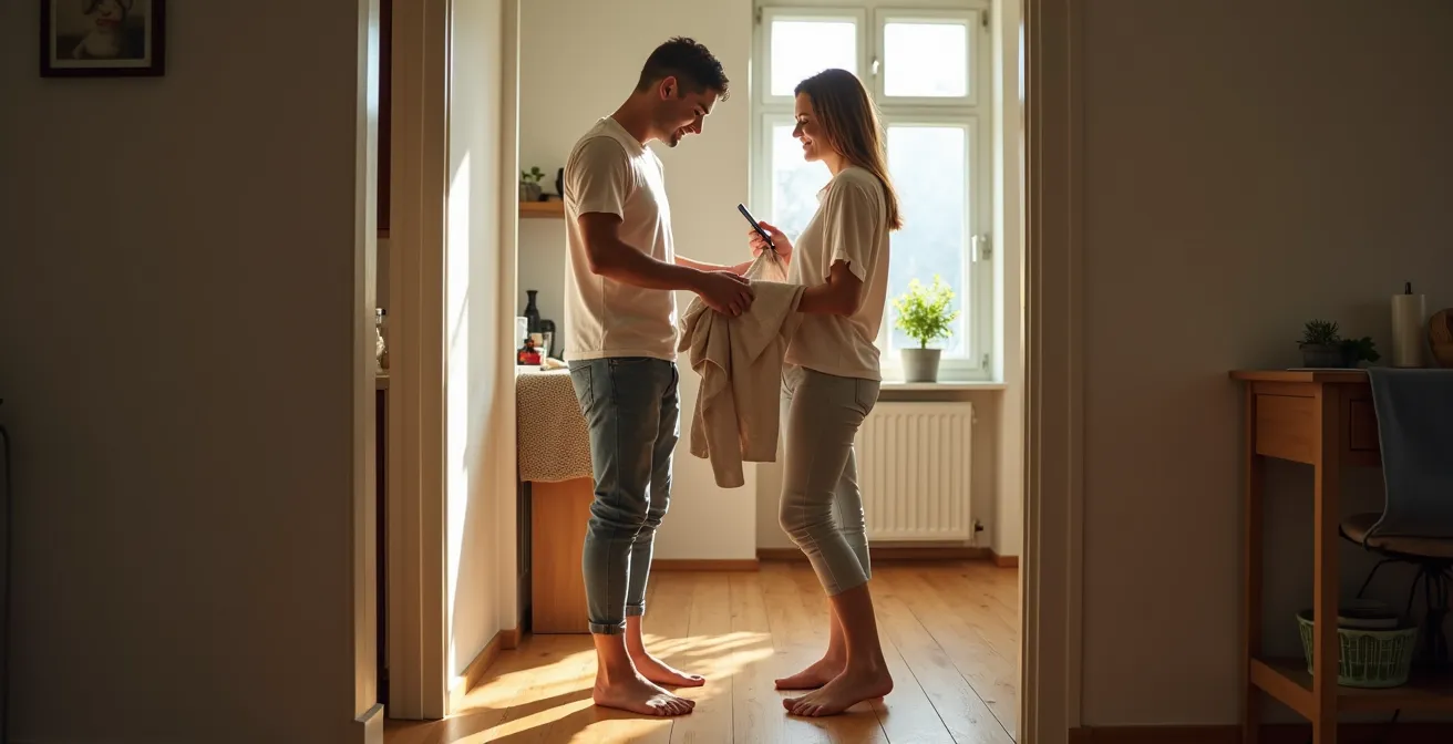 Couple moderne partageant les tâches ménagères dans un intérieur suisse