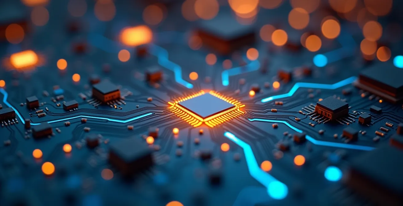 Vue macro de circuits électroniques symbolisant l'évolution de l'IA dans le recrutement