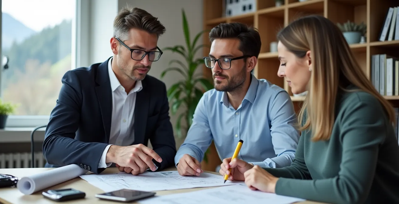 Expert CECB examinant des plans techniques avec un propriétaire dans un bureau lumineux