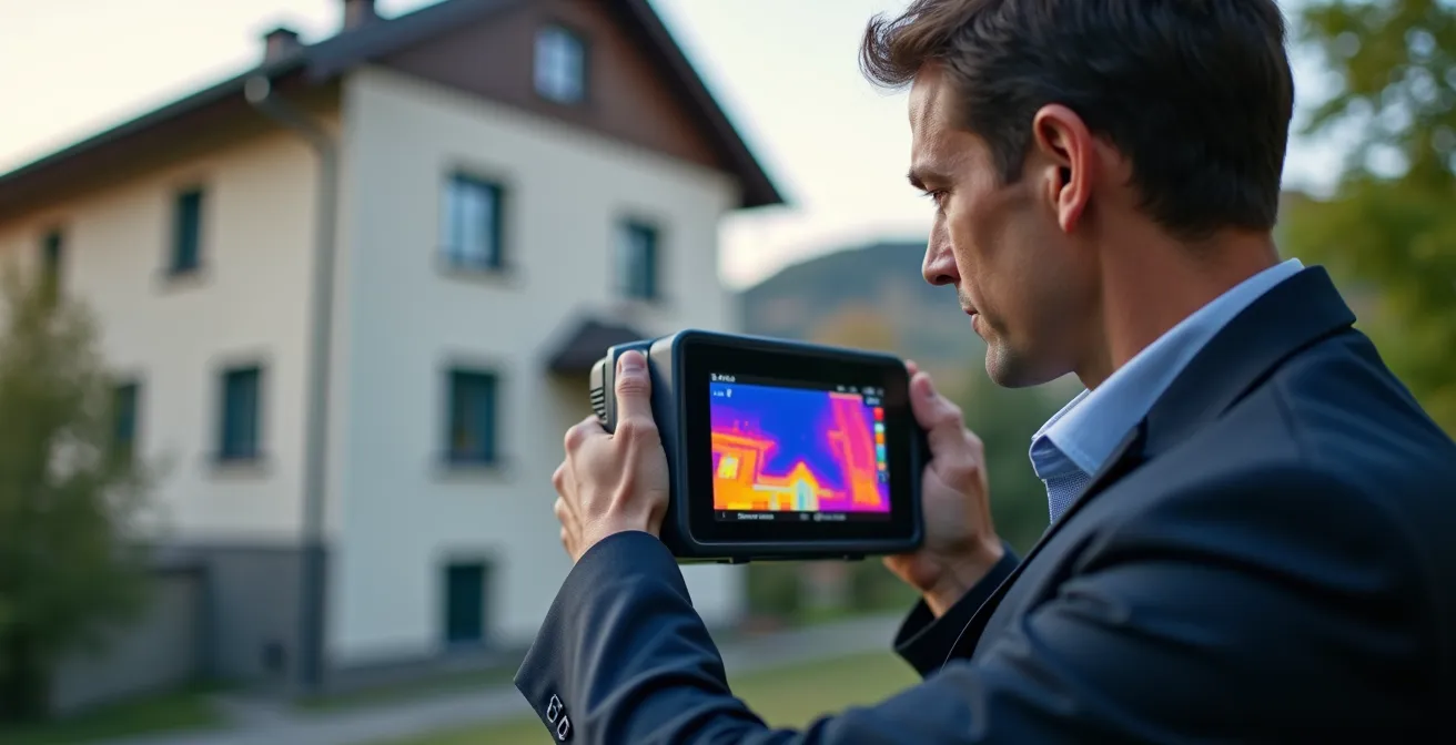 Expert CECB analysant l'isolation thermique d'une façade avec caméra thermique