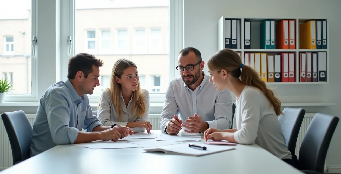 Famille recomposée suisse consultant des documents administratifs ensemble dans un bureau moderne
