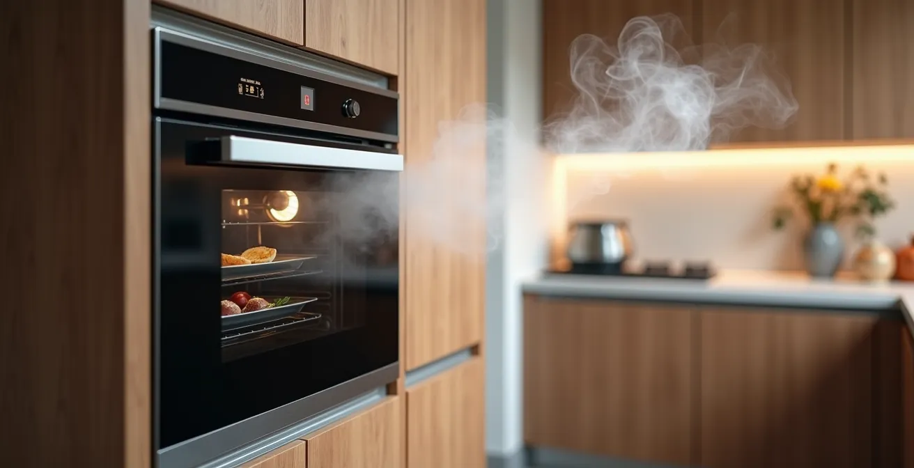 Four combiné vapeur encastré dans une colonne de cuisine moderne avec finition noire miroir