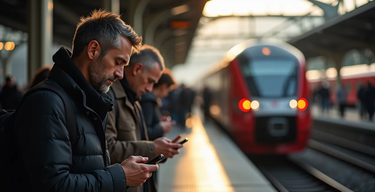 Quai de gare CFF bondé aux heures de pointe avec pendulaires attendant le train