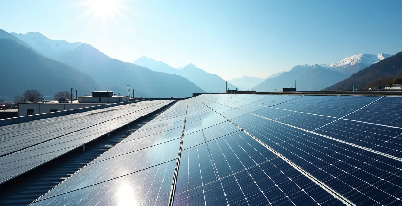 Vue aérienne d'un toit industriel équipé de panneaux solaires avec montagnes suisses en arrière-plan