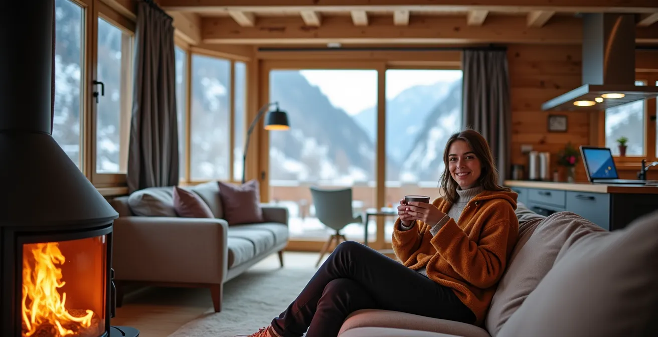 Intérieur chaleureux d'un chalet suisse moderne avec équipements haut de gamme et décoration alpine contemporaine