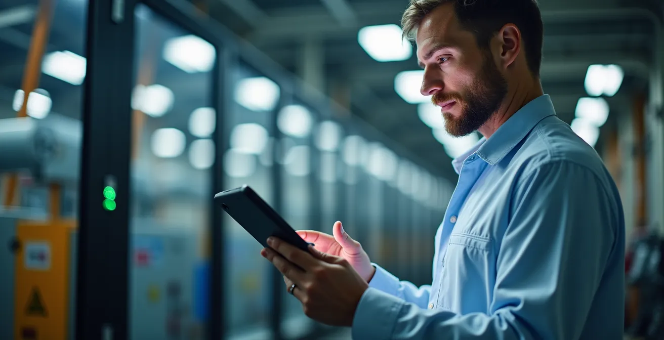 Technicien analysant des données de capteurs IoT sur tablette dans une usine suisse moderne