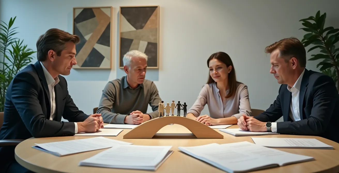 Scène de médiation familiale en Suisse avec médiateur professionnel et parents séparés dans un environnement apaisant