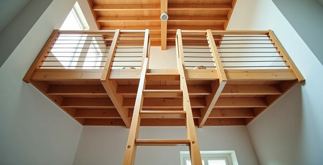 Vue en contre-plongée d'une mezzanine sécurisée avec garde-corps aux normes dans un appartement suisse