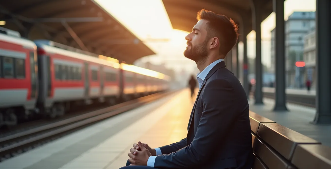 Personne pratiquant la cohérence cardiaque sur un quai de gare CFF