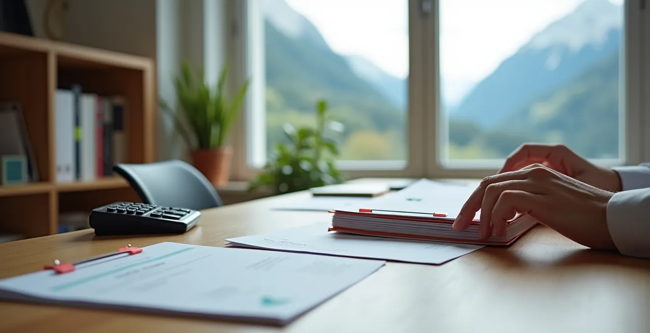 Personne organisant soigneusement ses documents d'assurance maladie et dossiers médicaux sur un bureau