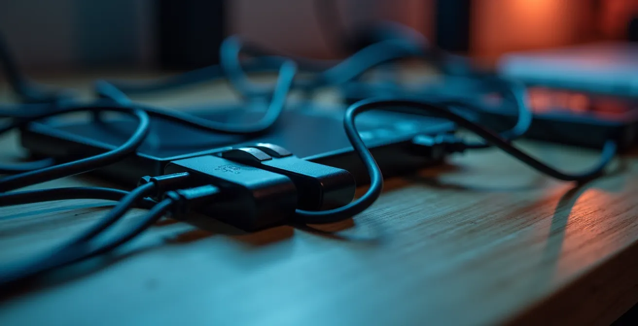 Bureau nocturne avec multiples écrans éteints et personne absente, chaise vide