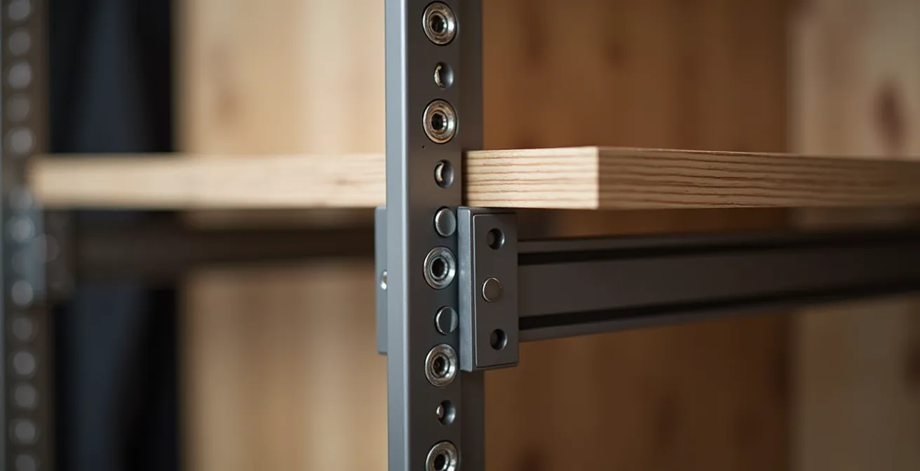 Intérieur d'un placard modulable avec étagères réglables en hauteur montrant différentes configurations