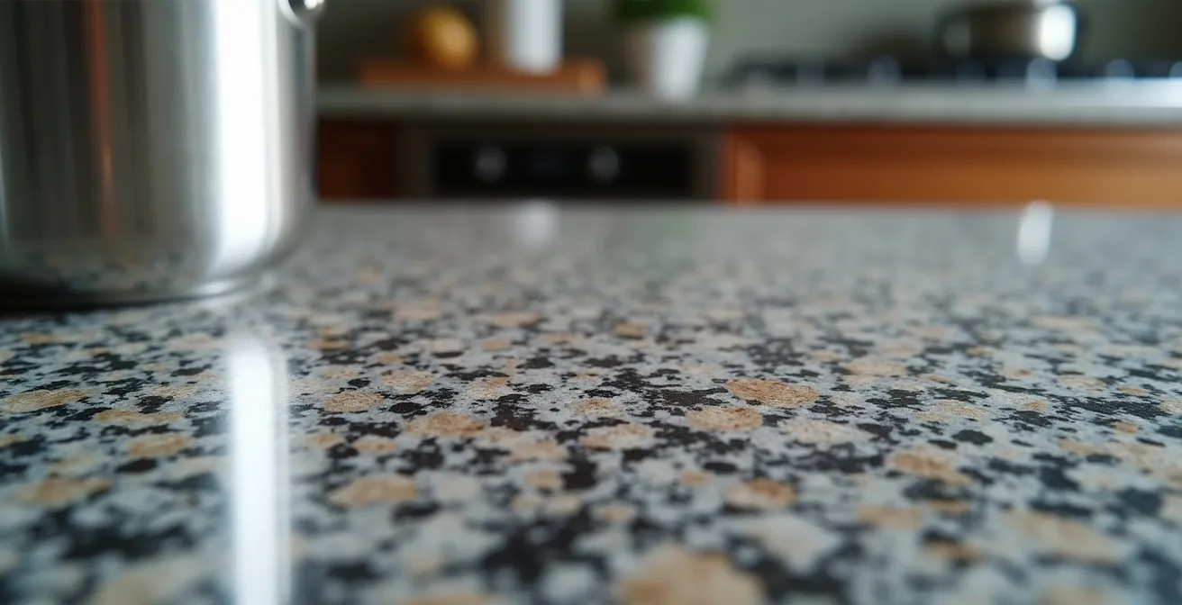 Gros plan macro sur la texture naturelle d'un plan de travail en granit poli montrant les cristaux et la structure minérale