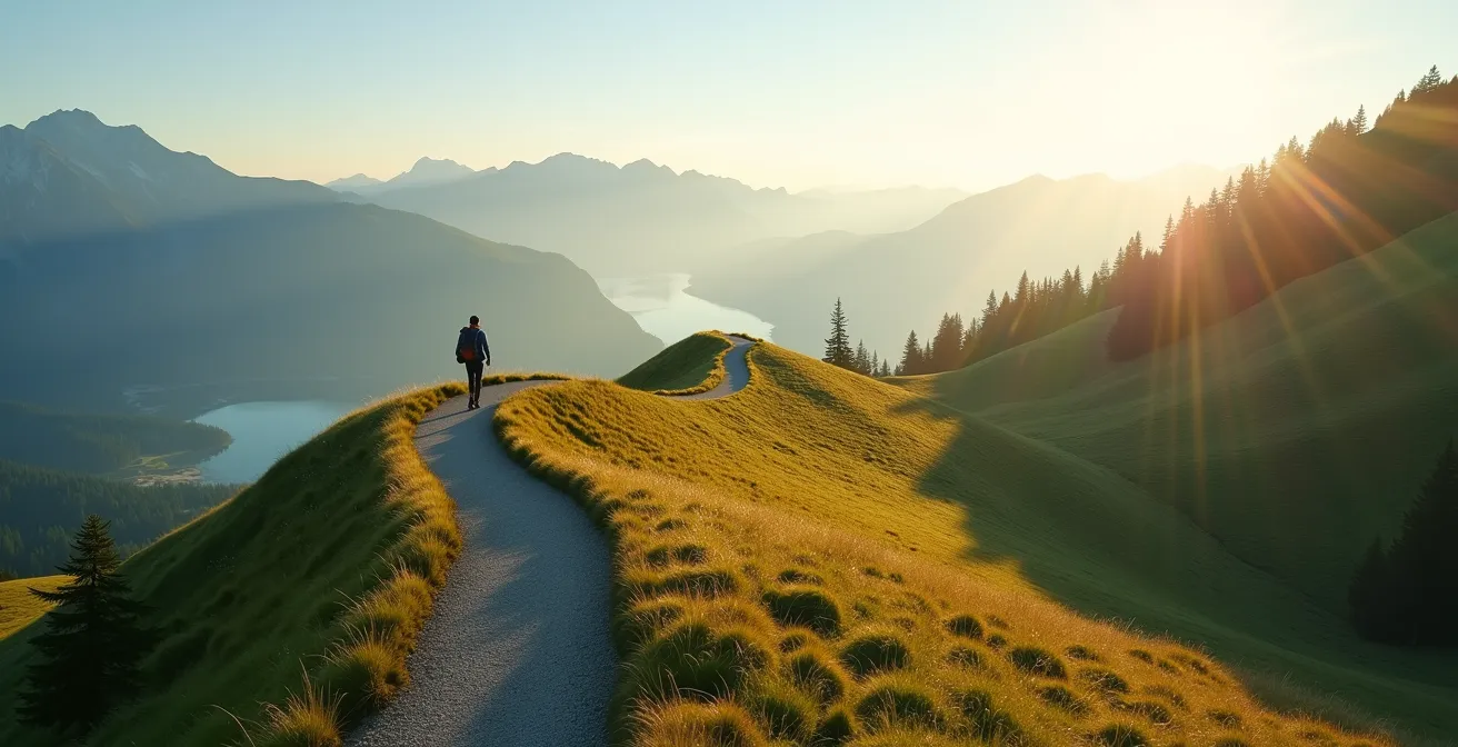 Vue aérienne minimaliste d'un chemin de montagne suisse symbolisant le parcours vers la retraite