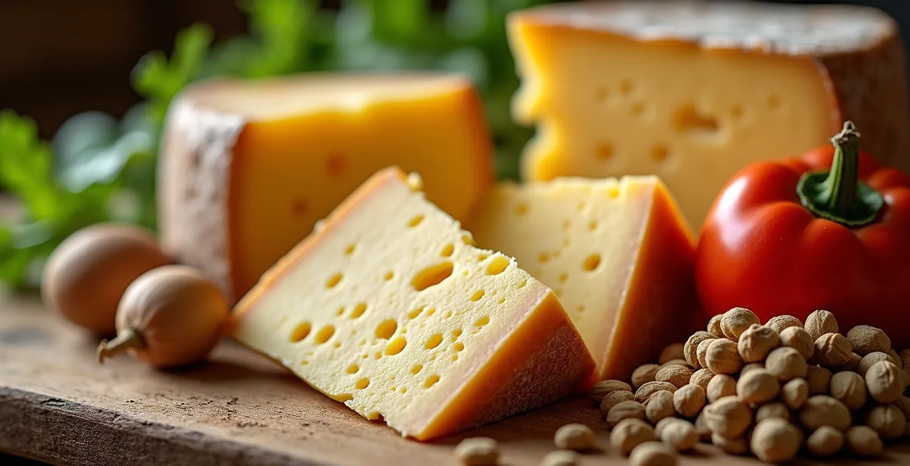 Plateau de fromages suisses traditionnels avec céréales anciennes et légumes locaux