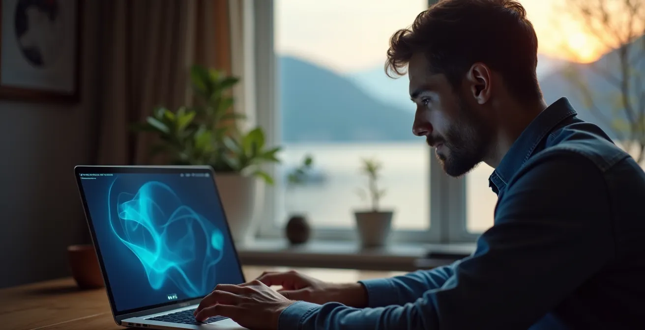 Professionnel travaillant discrètement sur son ordinateur portable avec profil LinkedIn flou en arrière-plan