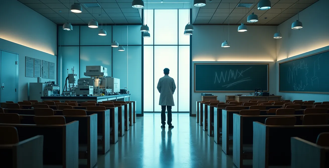 Doctorant en laboratoire suisse contemplant deux chemins de carrière possibles