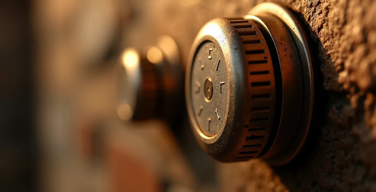 Gros plan sur un thermostat de boiler réglé à 60 degrés dans une cave suisse