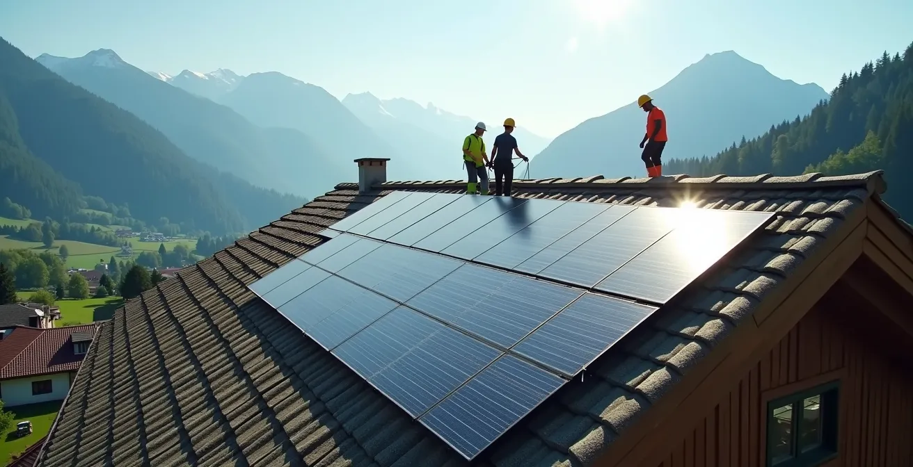 Installation de panneaux solaires sur le toit d'une maison suisse traditionnelle avec vue sur les montagnes