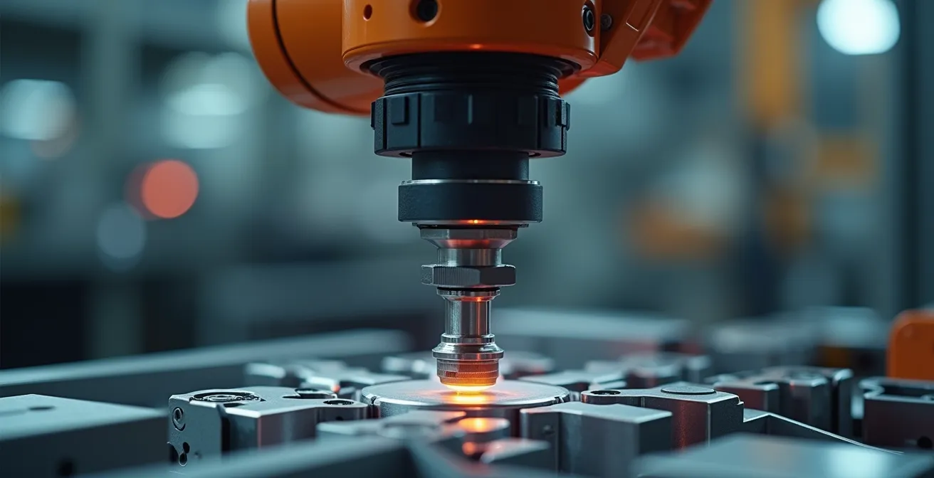 Gros plan macro sur un robot collaboratif manipulant une pièce de précision avec détails de texture métallique