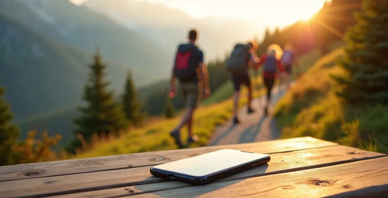 Smartphone posé face cachée sur table en bois avec randonneurs en arrière-plan flou