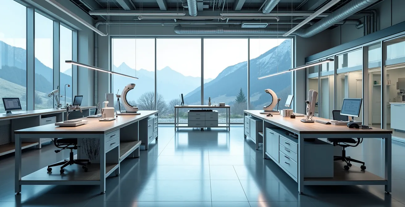 Vue futuriste des industries suisses intégrant l'IA et l'humain en collaboration