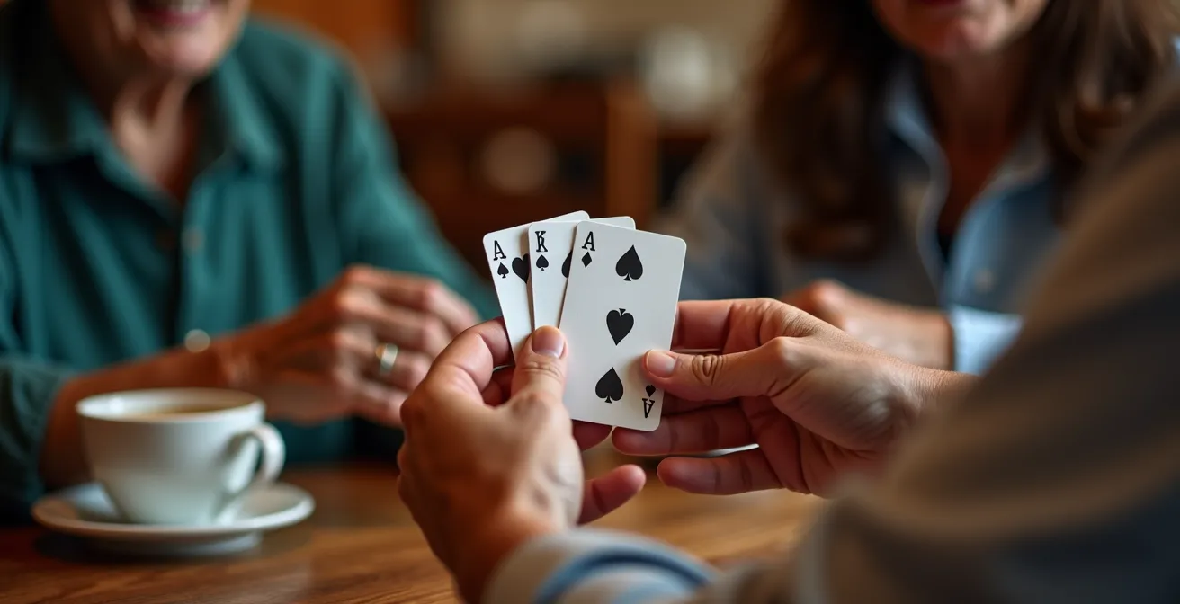 Groupe de seniors jouant aux cartes dans un café traditionnel suisse